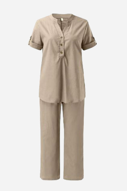 Dressed-up Casual: Short-Sleeved V-neck Top & Wide Trouser Suit