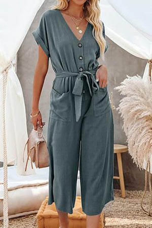 V-neck Lace-up Pocket Jumpsuit With Tie