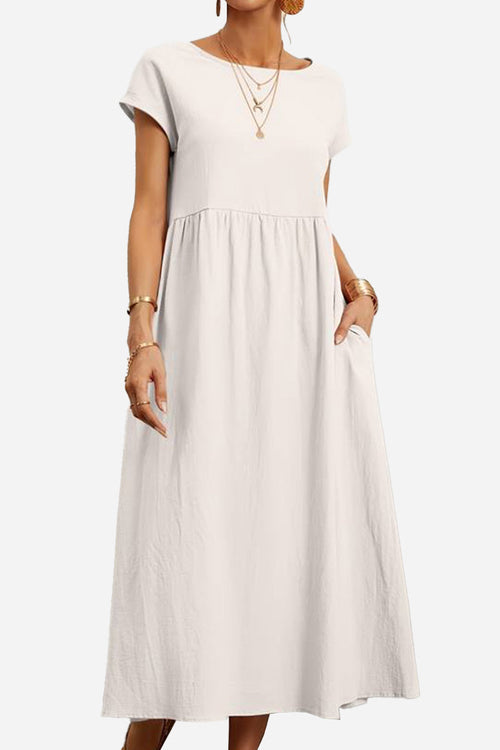 Capped-sleeve, Voluminous Pleated Midi Dress