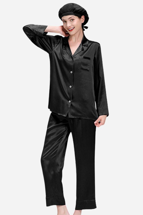 Classic Mulberry Silk Pajama Set with Sleep Cap