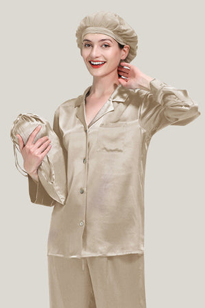 Classic Mulberry Silk Pajama Set with Sleep Cap