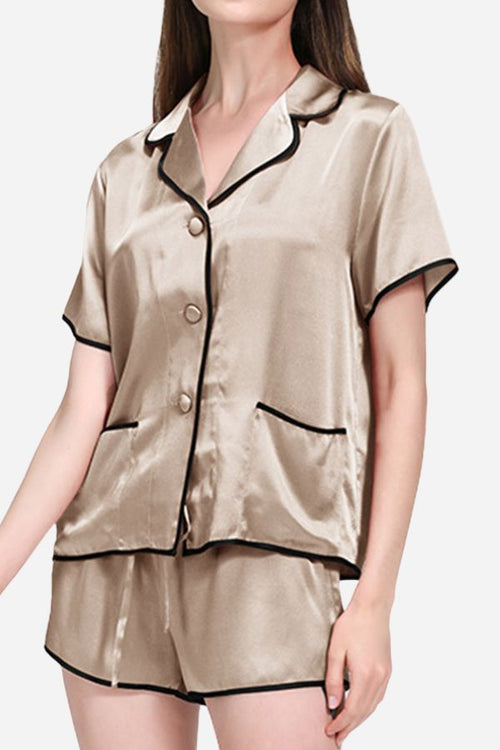 100% Mulberry Silk Hemd Trimmed Silk Pajama Set