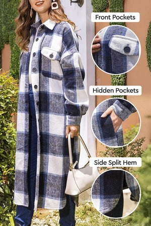 Oversized Medium-Length Blue Plaid Overshirt