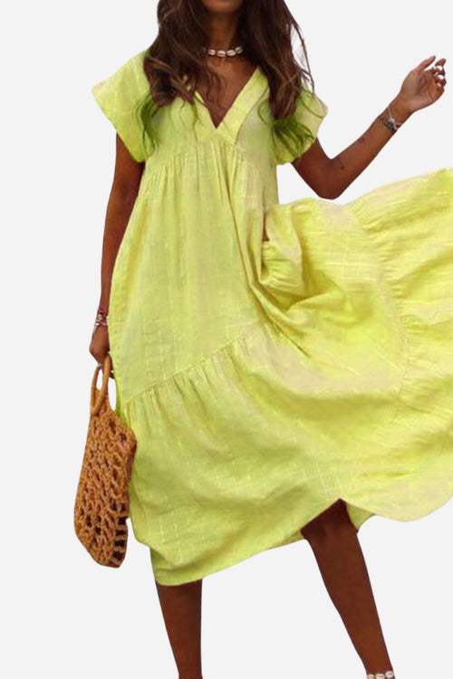 V Neck Tiered Cotton Midi Dress